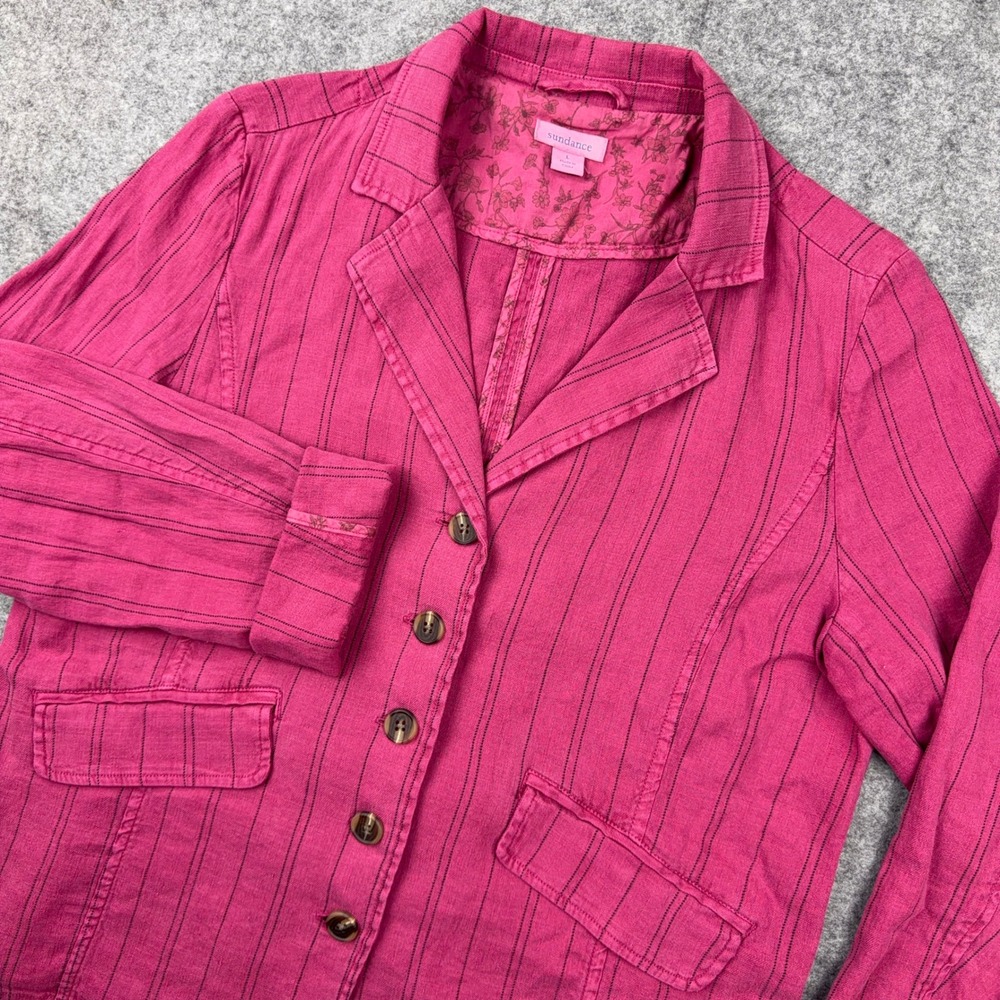 Sundance Jacket Womens L Pink Pinstripe Linen Blend Blazer Floral Lined Fitted
